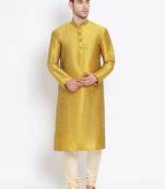 Men's Art Silk Solid Rich Gold Colour Straight Kurta With Payjama