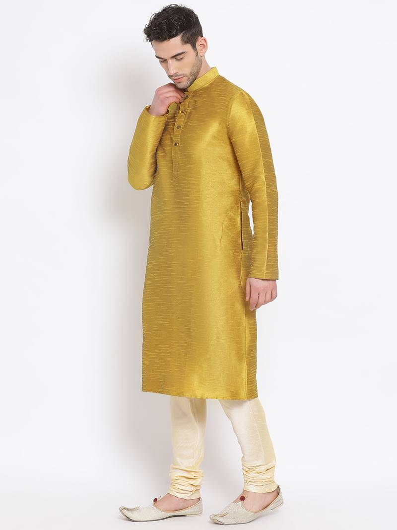 Men's Art Silk Solid Rich Gold Colour Straight Kurta With Payjama