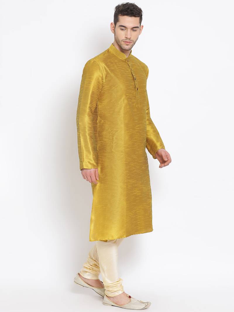 Men's Art Silk Solid Rich Gold Colour Straight Kurta With Payjama