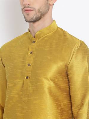 Men's Art Silk Solid Rich Gold Colour Straight Kurta With Payjama 4