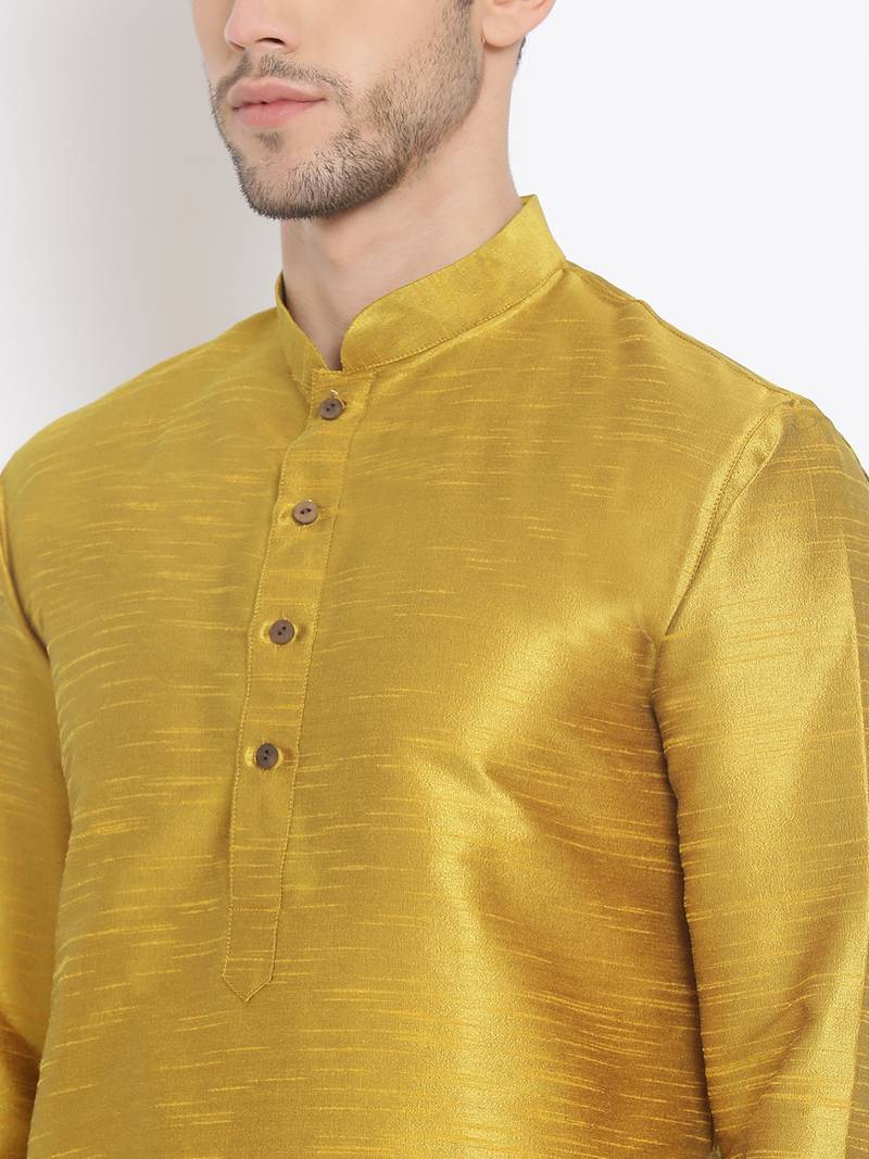 Men's Art Silk Solid Rich Gold Colour Straight Kurta With Payjama