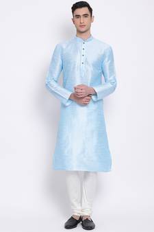 Men Sky Blue & Off White Solid Straight Kurta with Pyjama