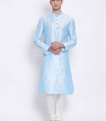 Men Sky Blue & Off White Solid Straight Kurta with Pyjama