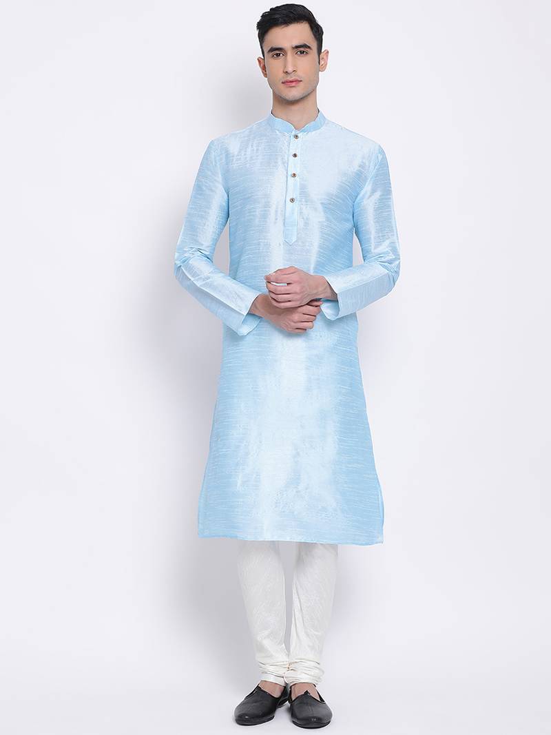 Men Sky Blue & Off White Solid Straight Kurta with Pyjama