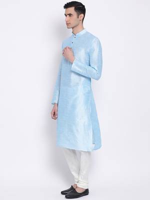Men Sky Blue & Off White Solid Straight Kurta with Pyjama 2