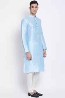 Men Sky Blue & Off White Solid Straight Kurta with Pyjama