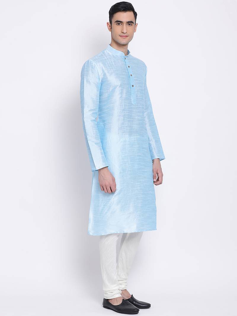 Men Sky Blue & Off White Solid Straight Kurta with Pyjama