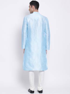 Men Sky Blue & Off White Solid Straight Kurta with Pyjama 4