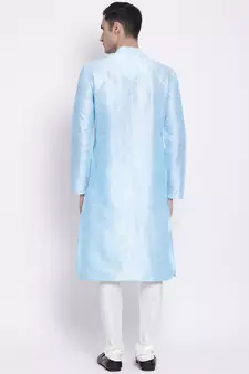 Men Sky Blue & Off White Solid Straight Kurta with Pyjama