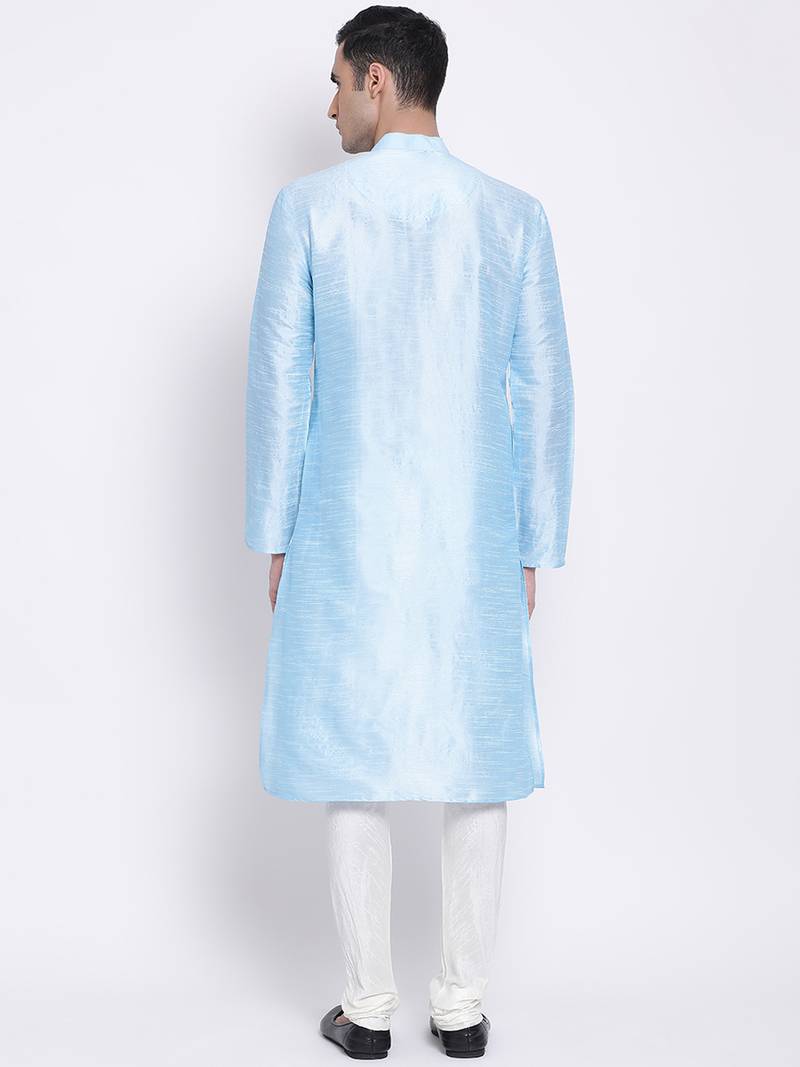 Men Sky Blue & Off White Solid Straight Kurta with Pyjama