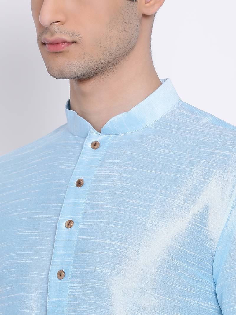 Men Sky Blue & Off White Solid Straight Kurta with Pyjama