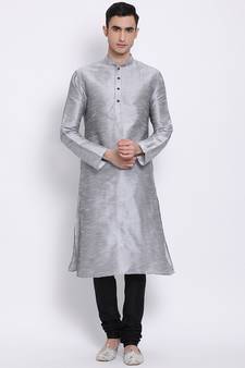 Men Silver & Black Solid Straight Kurta with Pyjama