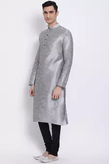 Men Silver & Black Solid Straight Kurta with Pyjama
