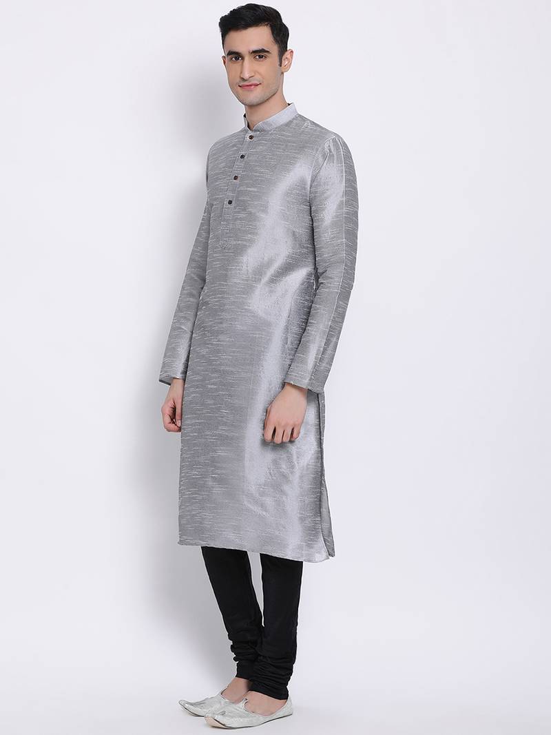 Men Silver & Black Solid Straight Kurta with Pyjama