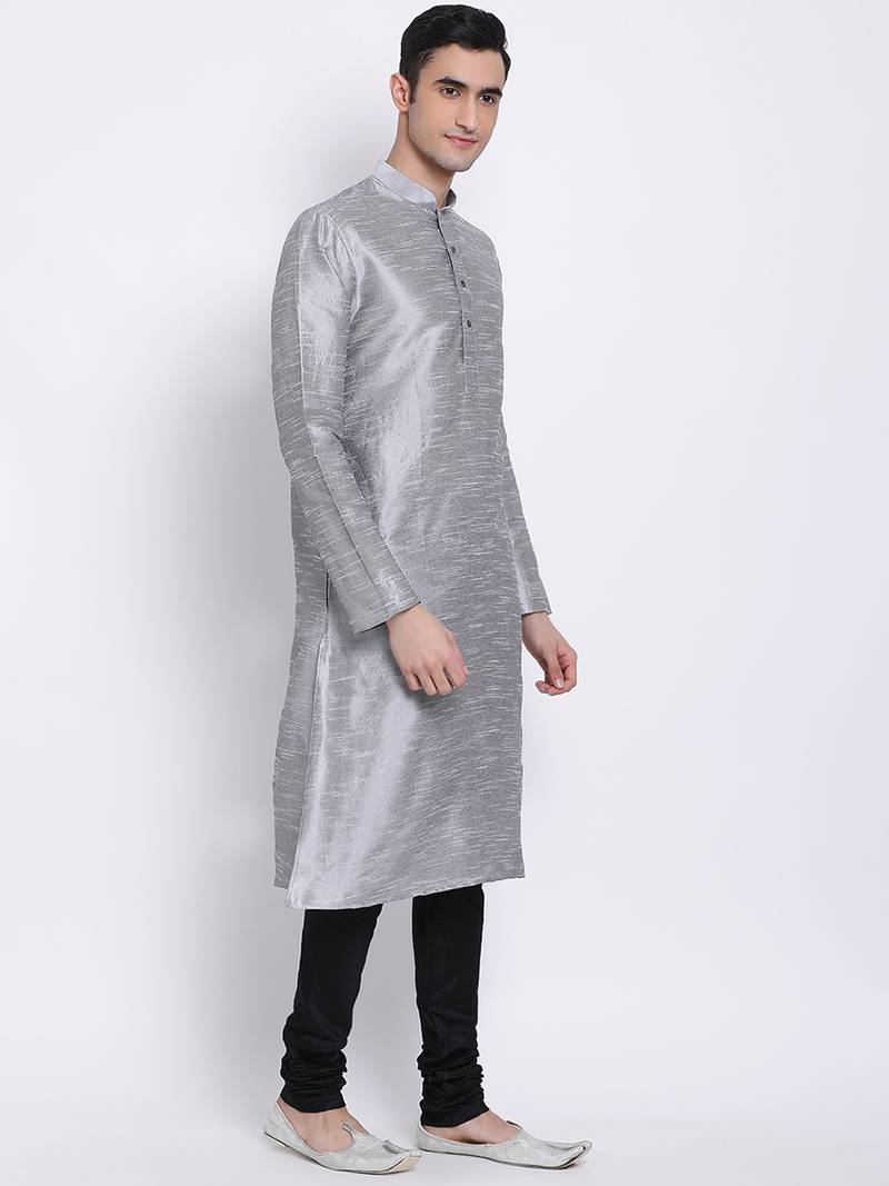 Men Silver & Black Solid Straight Kurta with Pyjama
