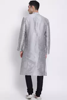 Men Silver & Black Solid Straight Kurta with Pyjama