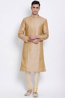 Men Beige Woven Design Straight Kurta with Pyjama