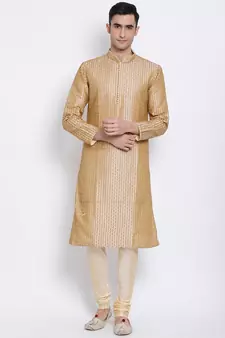 Men Beige Woven Design Straight Kurta with Pyjama