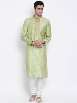 Men Light Green & Off White Woven Design Straight Kurta with Pyjama 1