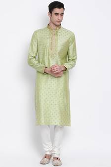 Men Light Green & Off White Woven Design Straight Kurta with Pyjama
