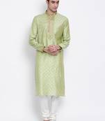 Men Light Green & Off White Woven Design Straight Kurta with Pyjama