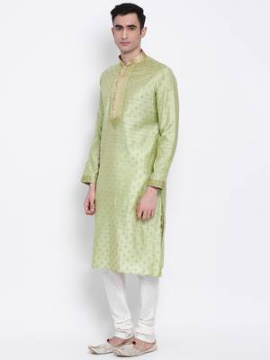 Men Light Green & Off White Woven Design Straight Kurta with Pyjama 2