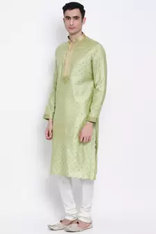 Men Light Green & Off White Woven Design Straight Kurta with Pyjama