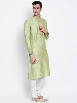 Men Light Green & Off White Woven Design Straight Kurta with Pyjama 3