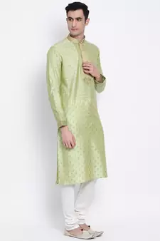 Men Light Green & Off White Woven Design Straight Kurta with Pyjama