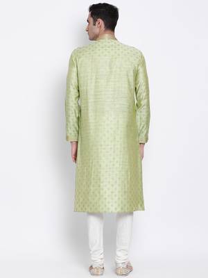 Men Light Green & Off White Woven Design Straight Kurta with Pyjama 4