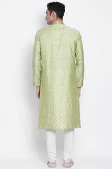 Men Light Green & Off White Woven Design Straight Kurta with Pyjama