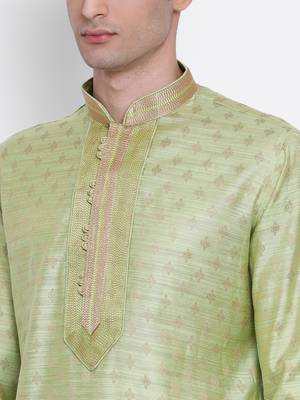 Men Light Green & Off White Woven Design Straight Kurta with Pyjama 5