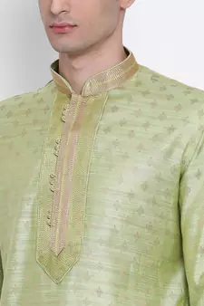 Men Light Green & Off White Woven Design Straight Kurta with Pyjama