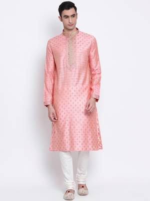 Men Pink & Off White Solid Straight Kurta with Pyjama 1