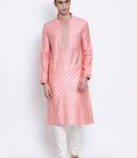 Men Pink & Off White Solid Straight Kurta with Pyjama