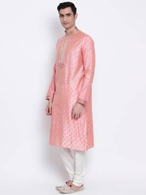 Men Pink & Off White Solid Straight Kurta with Pyjama 2