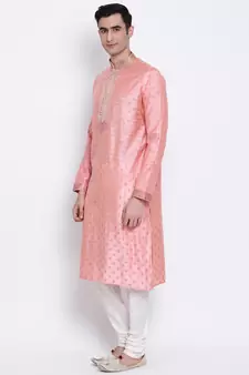 Men Pink & Off White Solid Straight Kurta with Pyjama