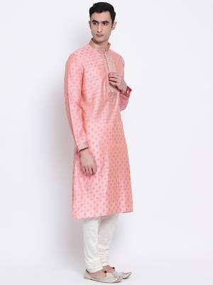 Men Pink & Off White Solid Straight Kurta with Pyjama 3