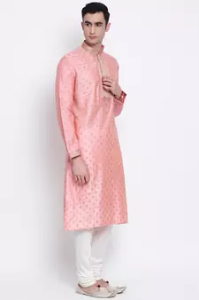Men Pink & Off White Solid Straight Kurta with Pyjama