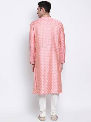 Men Pink & Off White Solid Straight Kurta with Pyjama 4
