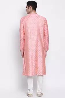Men Pink & Off White Solid Straight Kurta with Pyjama