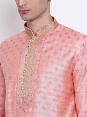 Men Pink & Off White Solid Straight Kurta with Pyjama 5