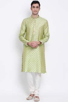 Men Light Green & Off White Solid Straight Kurta with Pyjama