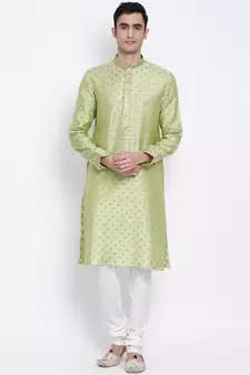 Men Light Green & Off White Solid Straight Kurta with Pyjama