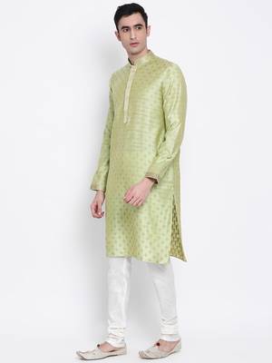 Men Light Green & Off White Solid Straight Kurta with Pyjama 2