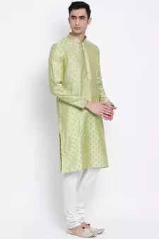 Men Light Green & Off White Solid Straight Kurta with Pyjama