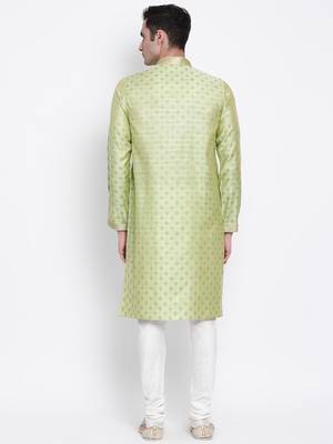 Men Light Green & Off White Solid Straight Kurta with Pyjama 4