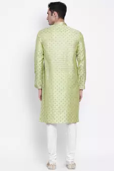 Men Light Green & Off White Solid Straight Kurta with Pyjama