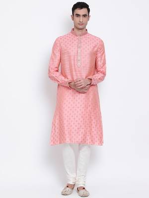 Men Pink & Off White Woven Design Straight Kurta with Pyjama 1