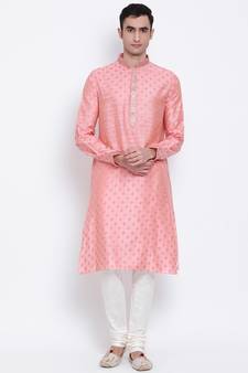 Men Pink & Off White Woven Design Straight Kurta with Pyjama